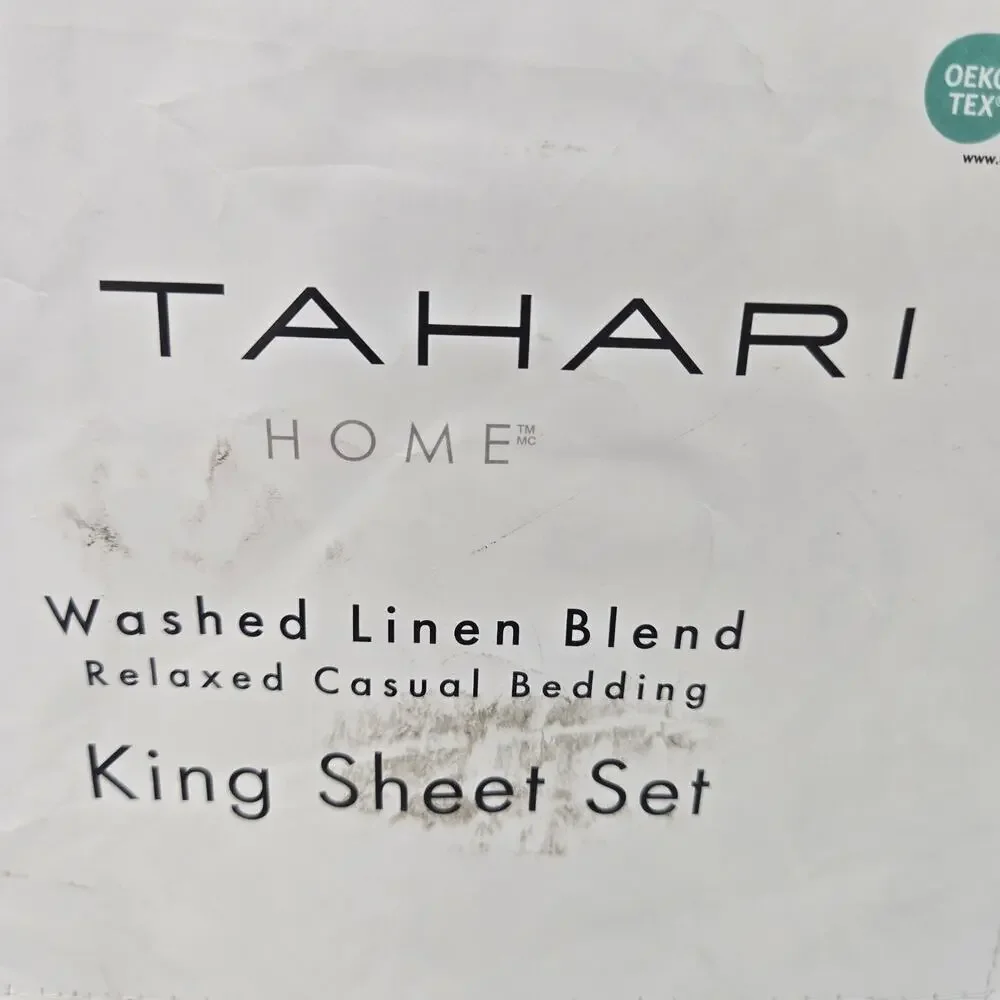 Tahari KING Washed Linen Blend Sheet 4pc Soft Gold White SHABBY CHIC NEW COTTAG